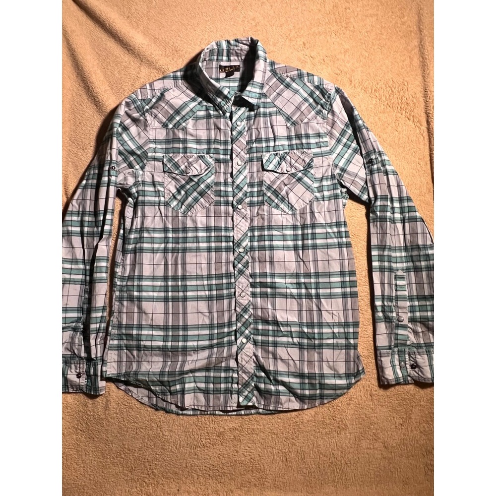 Helix Men Large Gray Green Plaid Long Sleeve Pearl Snap Collared Button Down Top